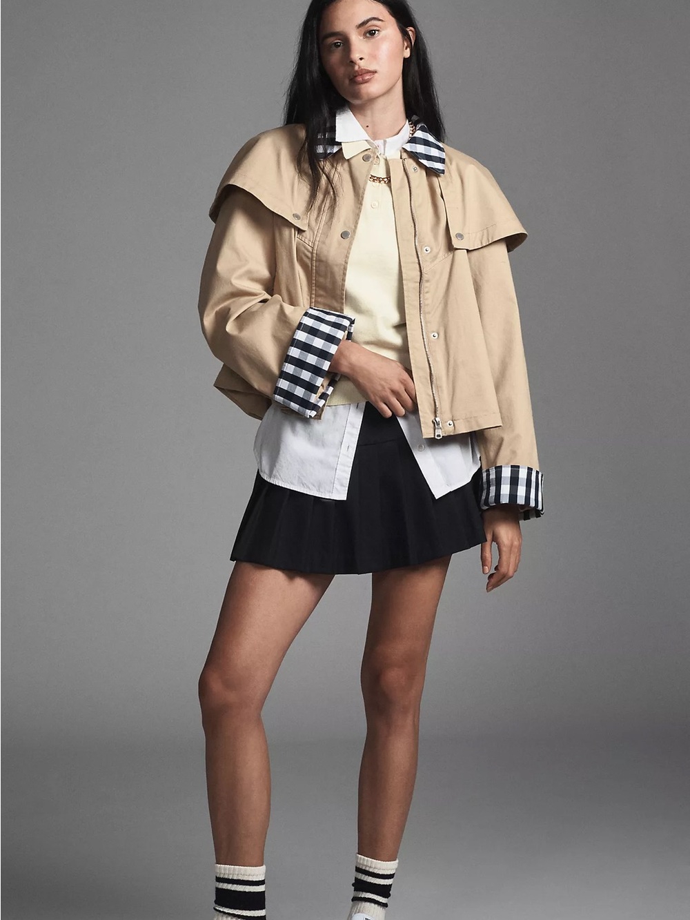 Avec Les Filles Gingham Trim Cape Trench Jacket Khaki Tan XS NWT - Picture 11 of 12
